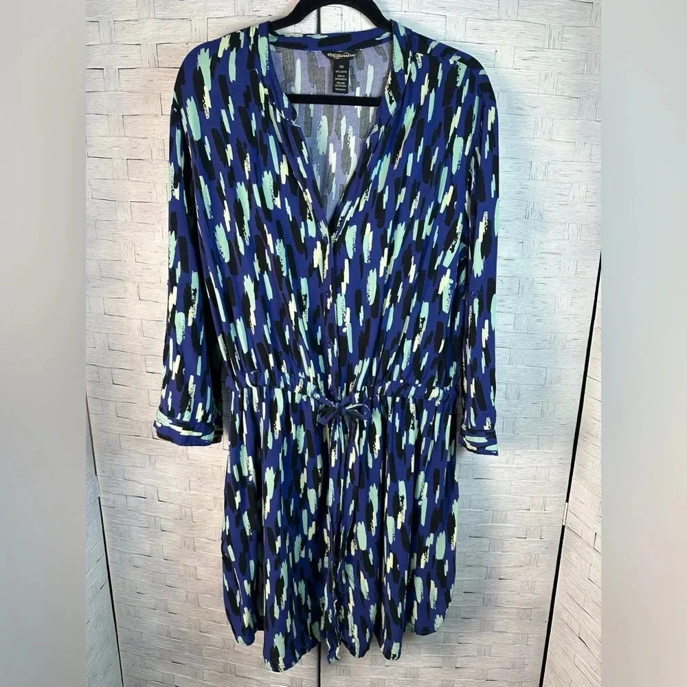 Millennium Womens Dress shirt drawstring waste paint affect blue green plus size